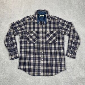 Vintage St Johns Bay Vintage Mens Large Virgin Wool Plaid Flannel Shirt Blue Tan